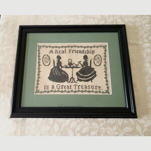 Antique Victorian Handmade Sampler Cross Stitch Ladies Friendship Tea Cup Time